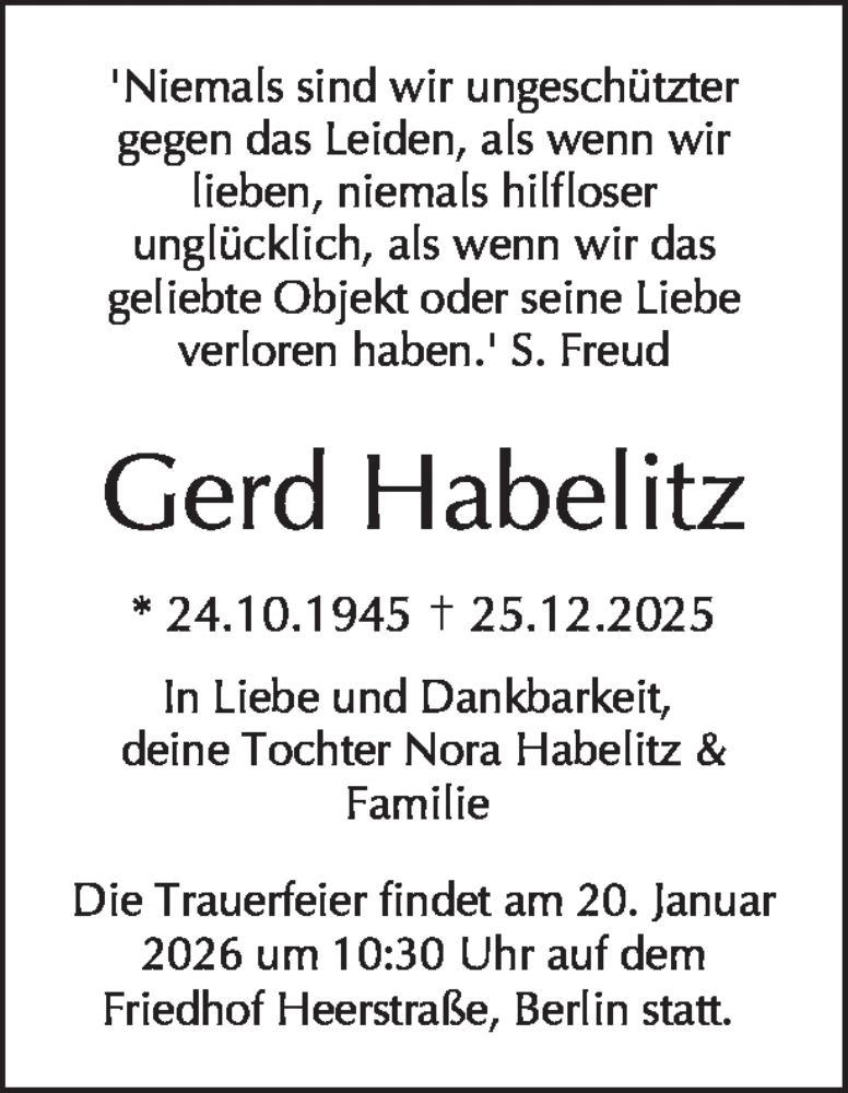  Traueranzeige für Gerd Habelitz vom 10.01.2026 aus Tagesspiegel