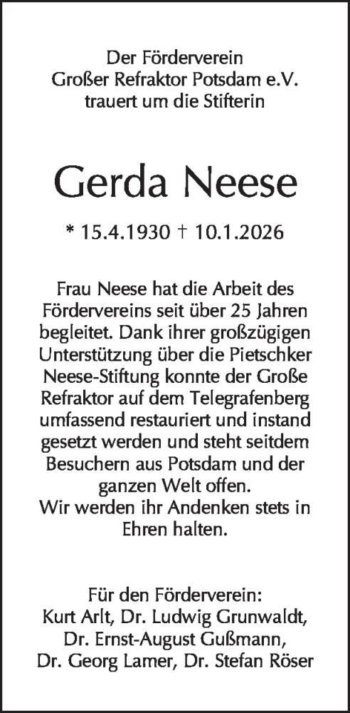 Traueranzeige von Gerda Neese von Tagesspiegel