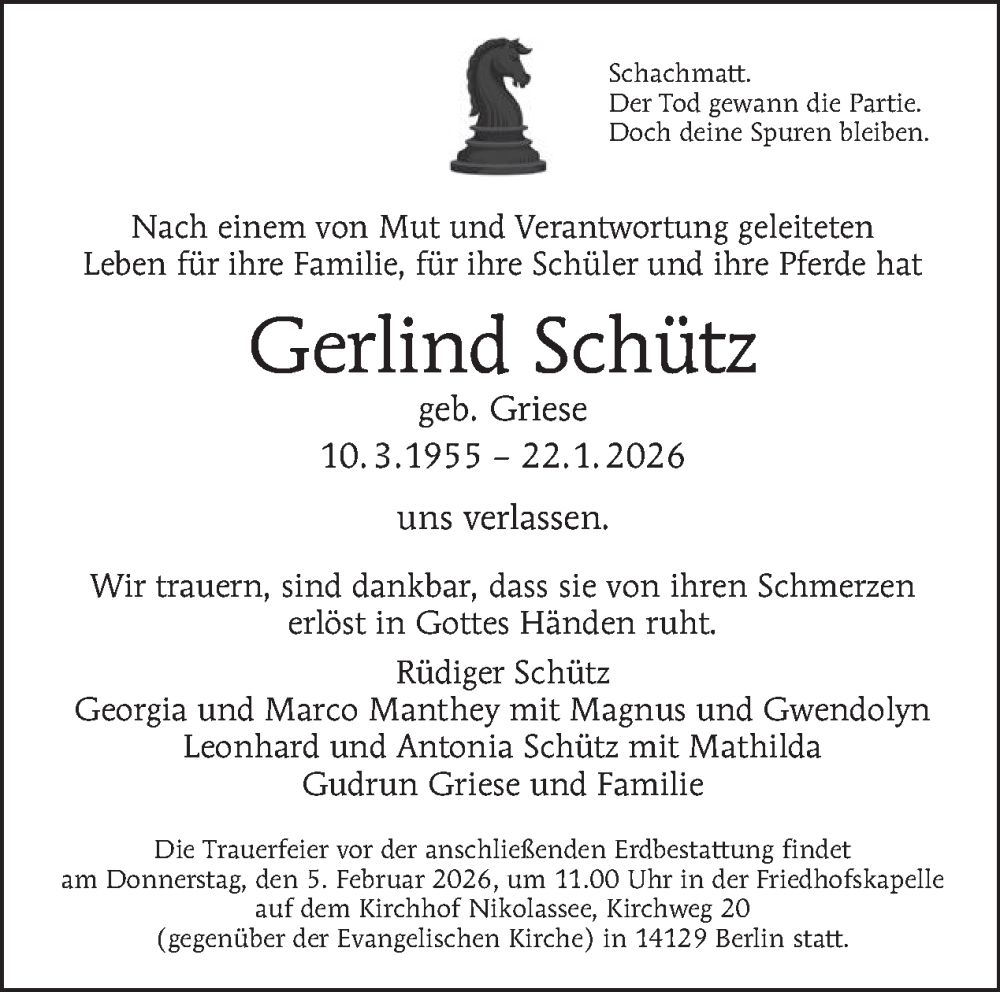  Traueranzeige für Gerlind Schütz vom 31.01.2026 aus Tagesspiegel