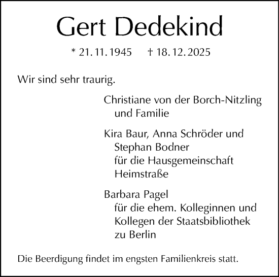Traueranzeige von Gert Dedekind von Tagesspiegel