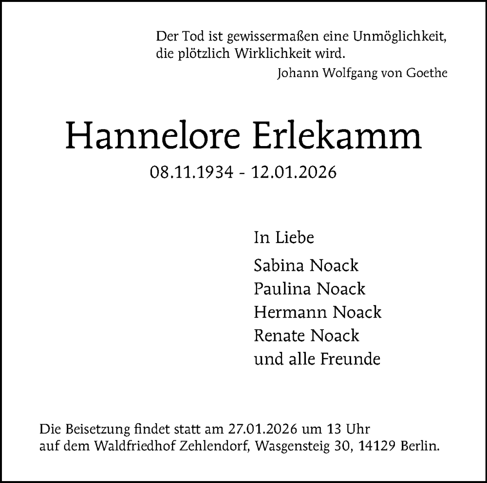  Traueranzeige für Hannelore Erlekamm vom 24.01.2026 aus Tagesspiegel