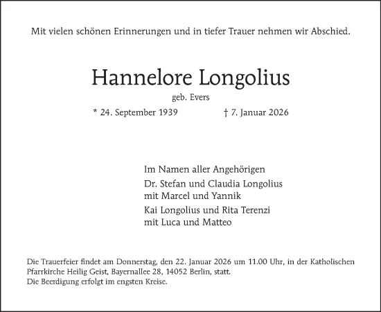 Traueranzeige von Hannelore Longolius von Tagesspiegel