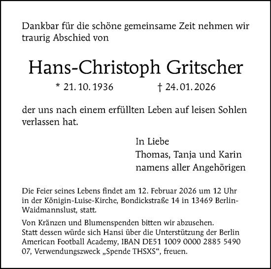 Traueranzeige von Hans-Christoph Gritscher von Tagesspiegel