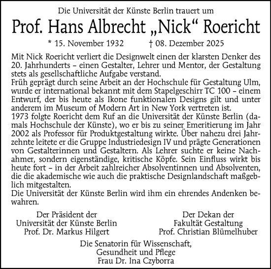 Traueranzeige von Hans Albrecht Roericht von Tagesspiegel