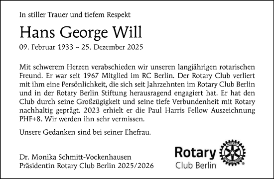 Traueranzeige von Hans George Will von Tagesspiegel