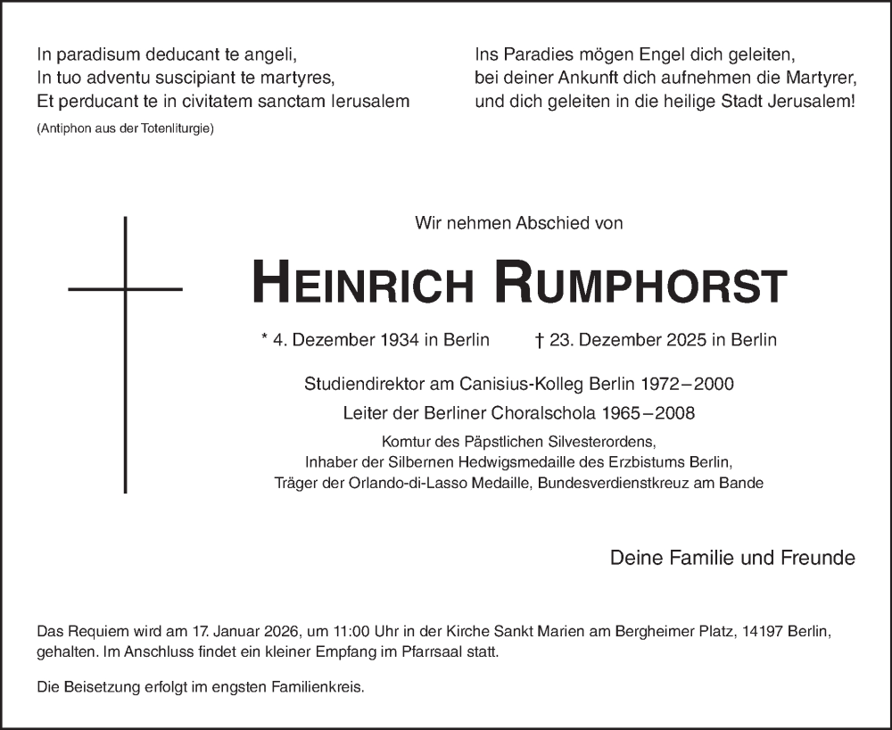  Traueranzeige für Heinrich Rumphorst vom 03.01.2026 aus Tagesspiegel