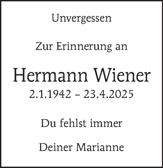 Traueranzeige von Hermann Wiener von Tagesspiegel