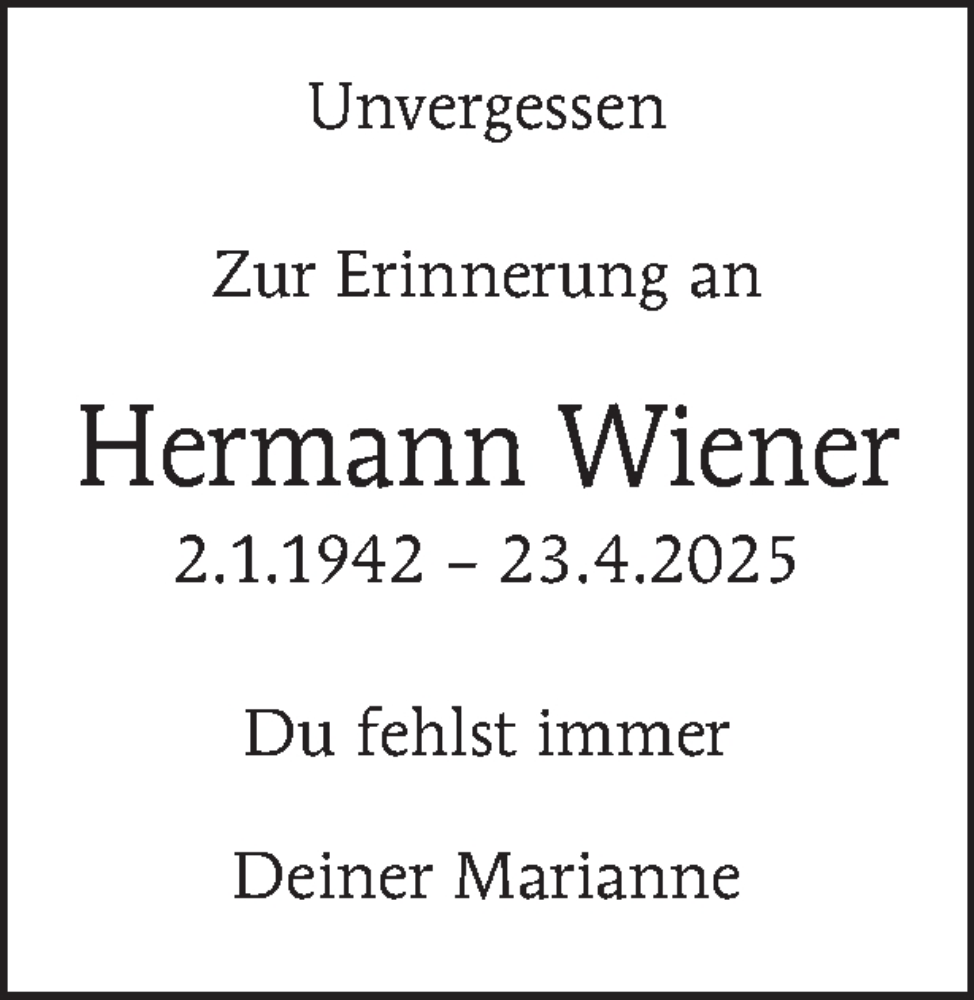  Traueranzeige für Hermann Wiener vom 03.01.2026 aus Tagesspiegel