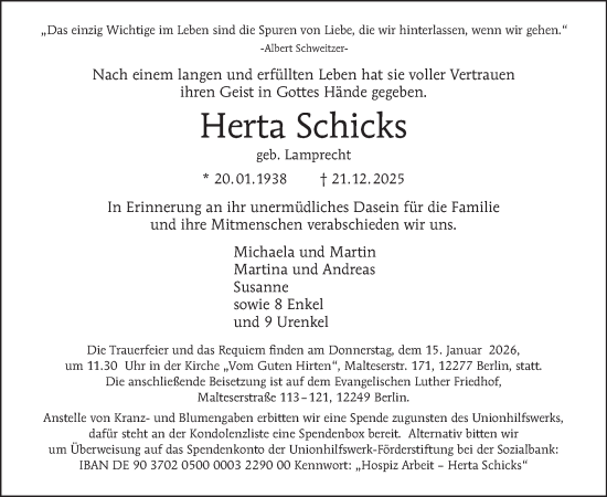 Traueranzeige von Herta Schicks von Tagesspiegel