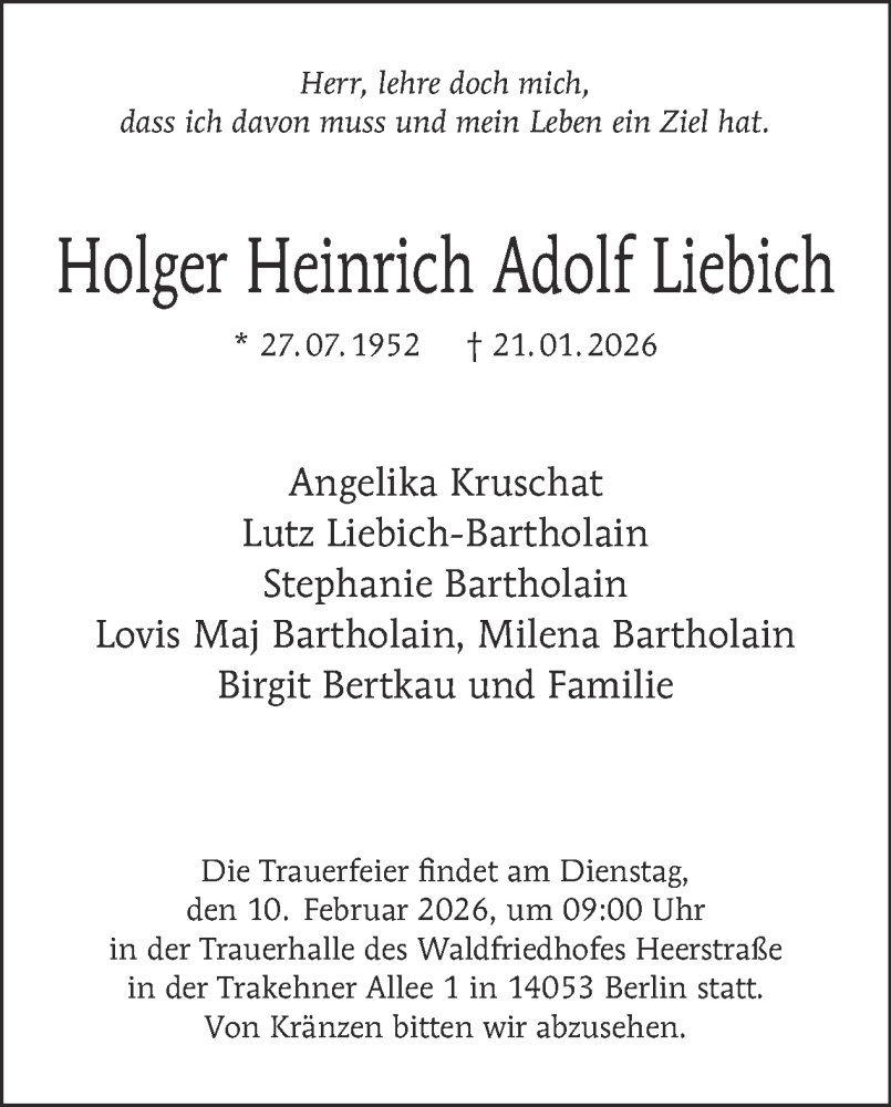  Traueranzeige für Holger Heinrich Adolf Liebich vom 31.01.2026 aus Tagesspiegel
