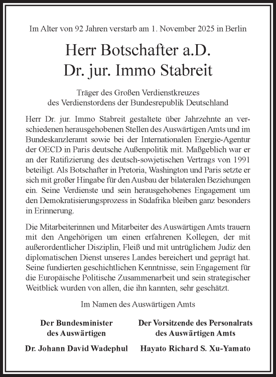 Traueranzeige von Immo Stabreit von Tagesspiegel