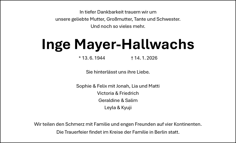  Traueranzeige für Inge Mayer-Hallwachs vom 24.01.2026 aus Tagesspiegel