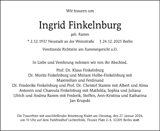 Traueranzeige von Ingrid Finkelnburg von Tagesspiegel