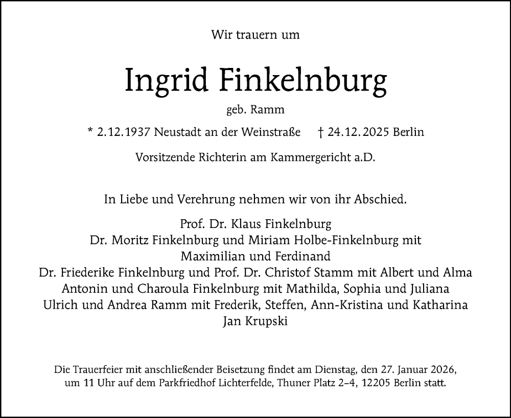  Traueranzeige für Ingrid Finkelnburg vom 10.01.2026 aus Tagesspiegel