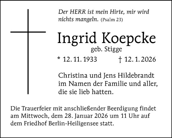Traueranzeige von Ingrid Koepcke von Tagesspiegel