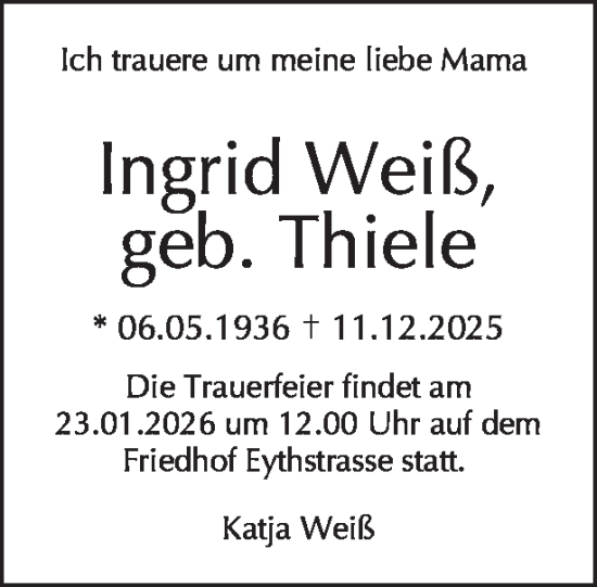 Traueranzeige von Ingrid Weiß von Tagesspiegel