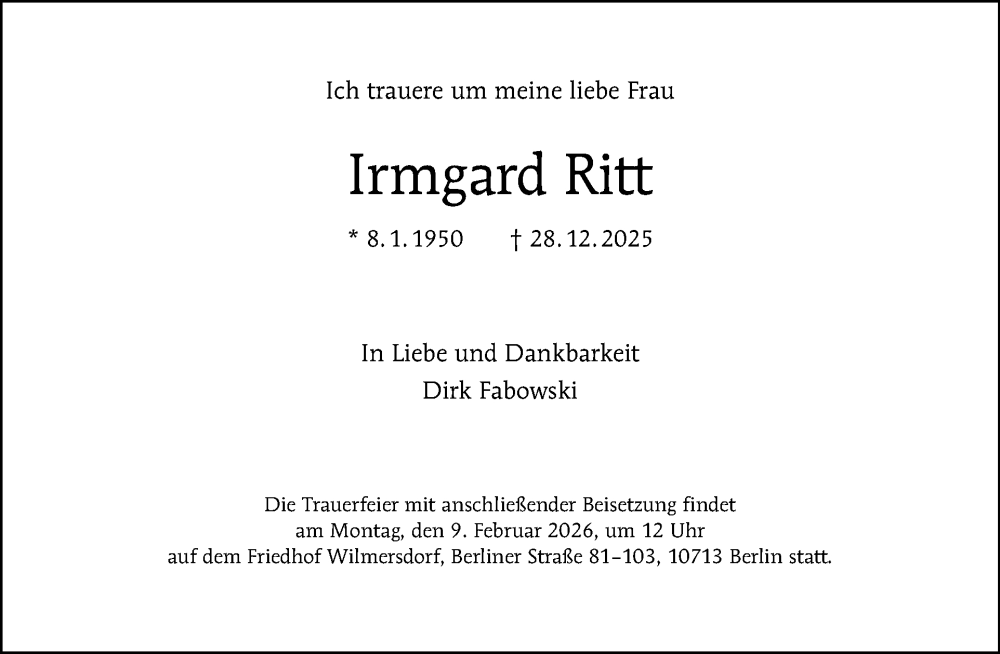  Traueranzeige für Irmgard Ritt vom 24.01.2026 aus Tagesspiegel