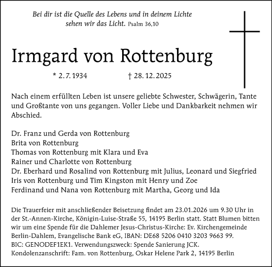 Traueranzeige von Irmgard von Rottenburg von Tagesspiegel