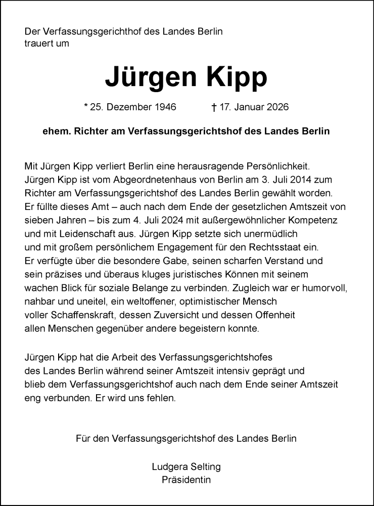  Traueranzeige für Jürgen Kipp vom 24.01.2026 aus Tagesspiegel