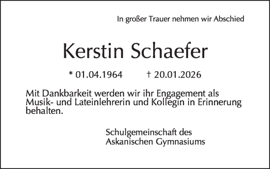 Traueranzeige von Kerstin Schaefer von Tagesspiegel
