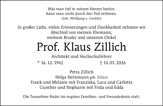 Traueranzeige von Klaus Zillich von Tagesspiegel