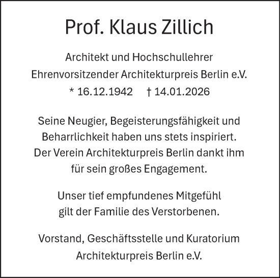 Traueranzeige von Klaus Zillich von Tagesspiegel