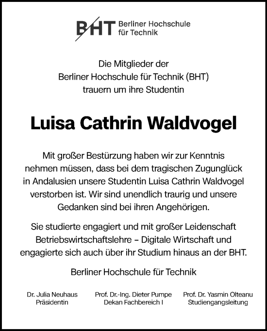 Traueranzeige von Luisa Cathrin Waldvogel von Tagesspiegel