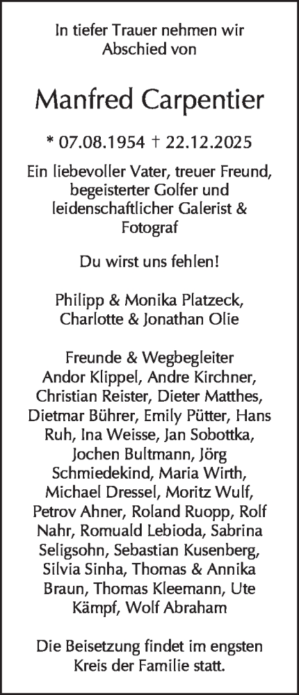 Traueranzeige von Manfred Carpentier von Tagesspiegel