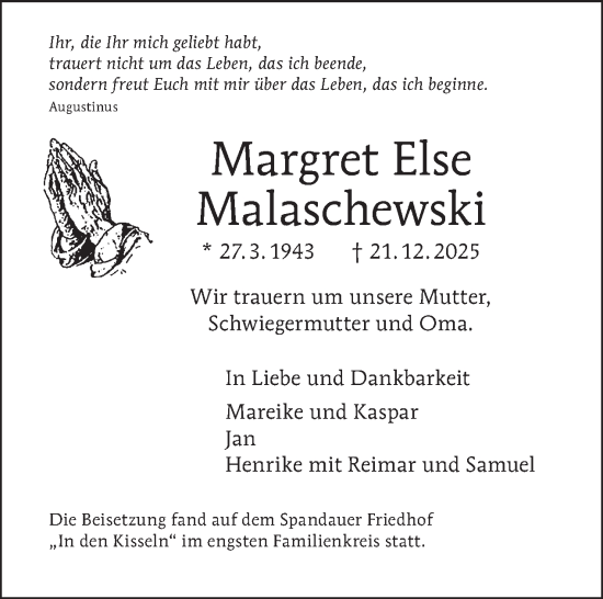 Traueranzeige von Margret Else Malaschewski von Tagesspiegel
