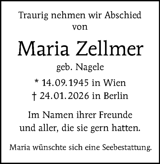 Traueranzeige von Maria Zellmer von Tagesspiegel