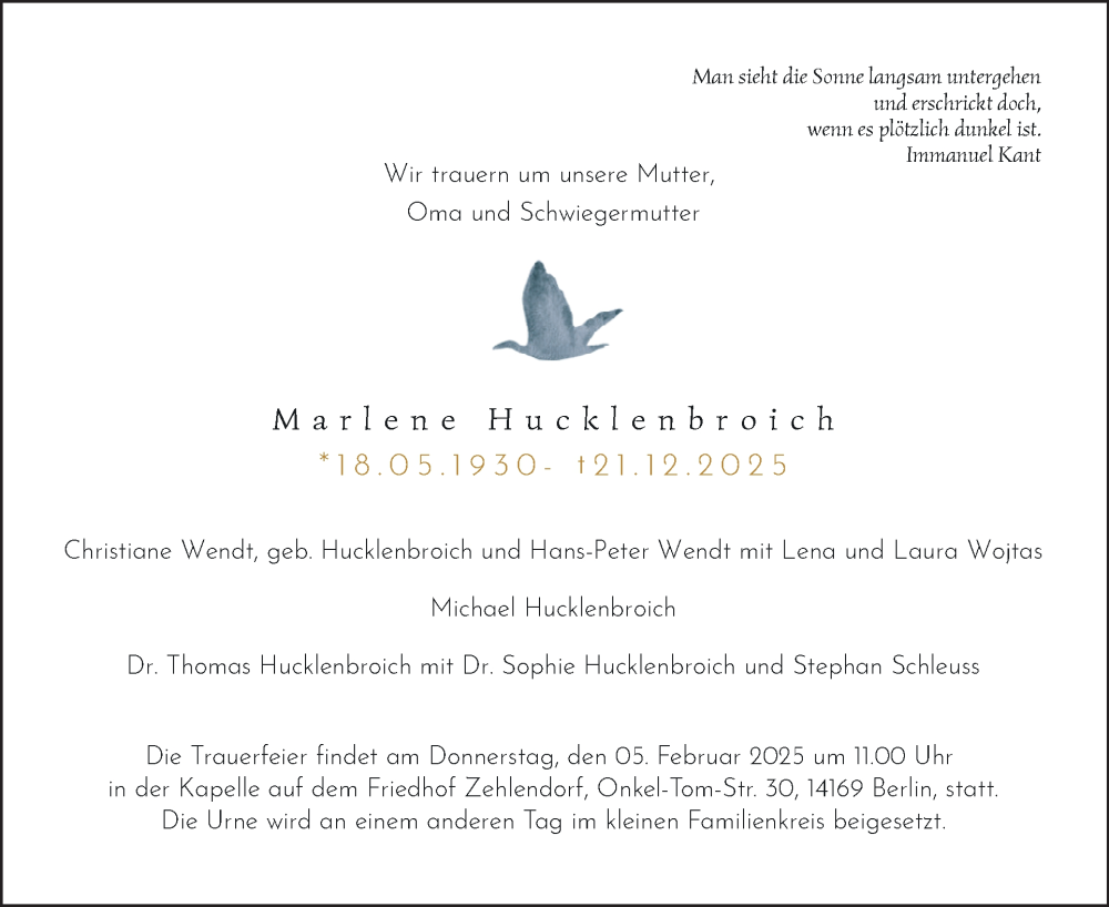  Traueranzeige für Marlene Hucklenbroich vom 31.01.2026 aus Tagesspiegel