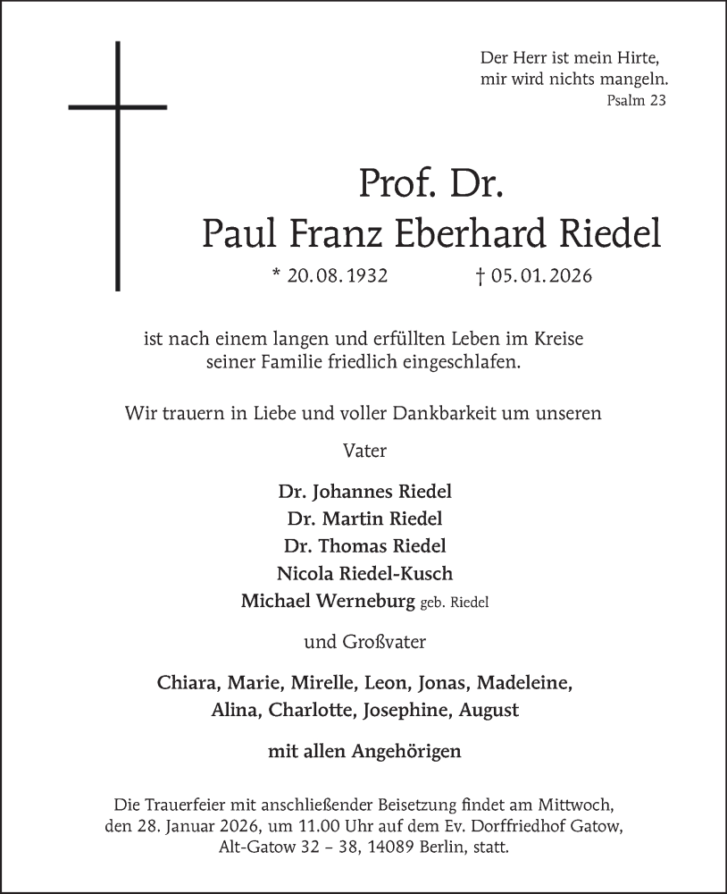  Traueranzeige für Paul Franz Eberhard Riedel vom 17.01.2026 aus Tagesspiegel