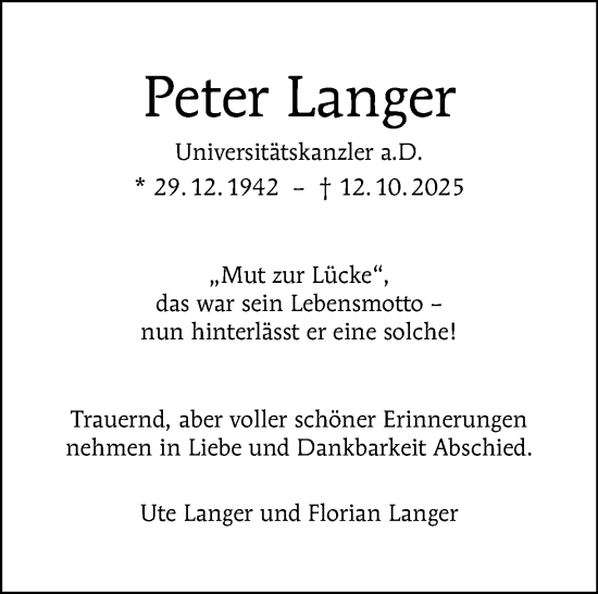 Traueranzeige von Peter Langer von Tagesspiegel