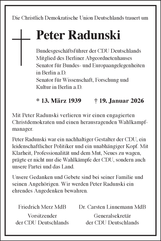 Traueranzeige von Peter Radunski von Tagesspiegel