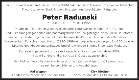 Traueranzeige von Peter Radunski von Tagesspiegel