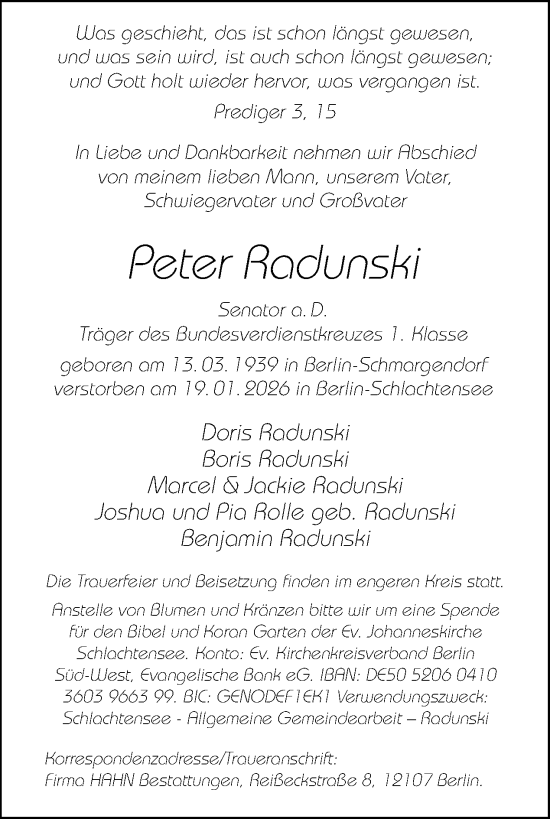 Traueranzeige von Peter Radunski von Tagesspiegel