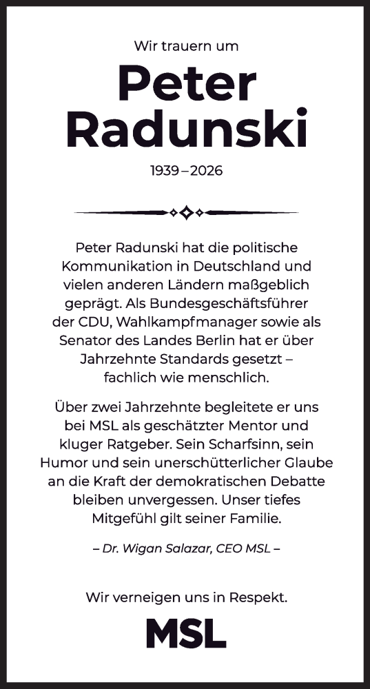 Traueranzeige von Peter Radunski von Tagesspiegel