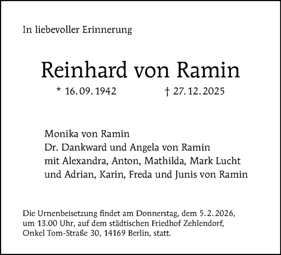 Traueranzeige von Reinhard von Ramin von Tagesspiegel