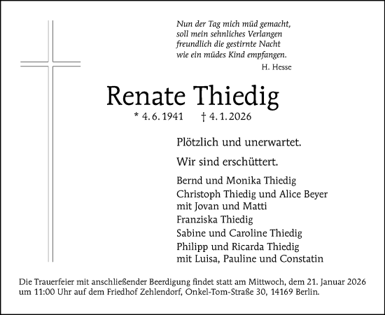 Traueranzeige von Renate Thiedig von Tagesspiegel