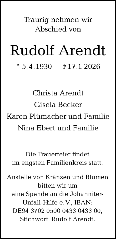 Traueranzeige von Rudolf Arendt von Tagesspiegel