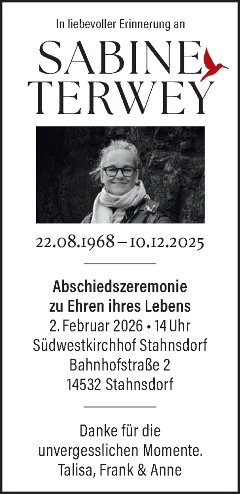 Traueranzeige von Sabine Terwey von Tagesspiegel