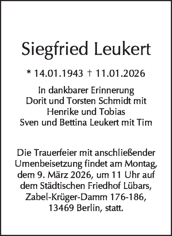 Traueranzeige von Siegfried Leukert von Tagesspiegel
