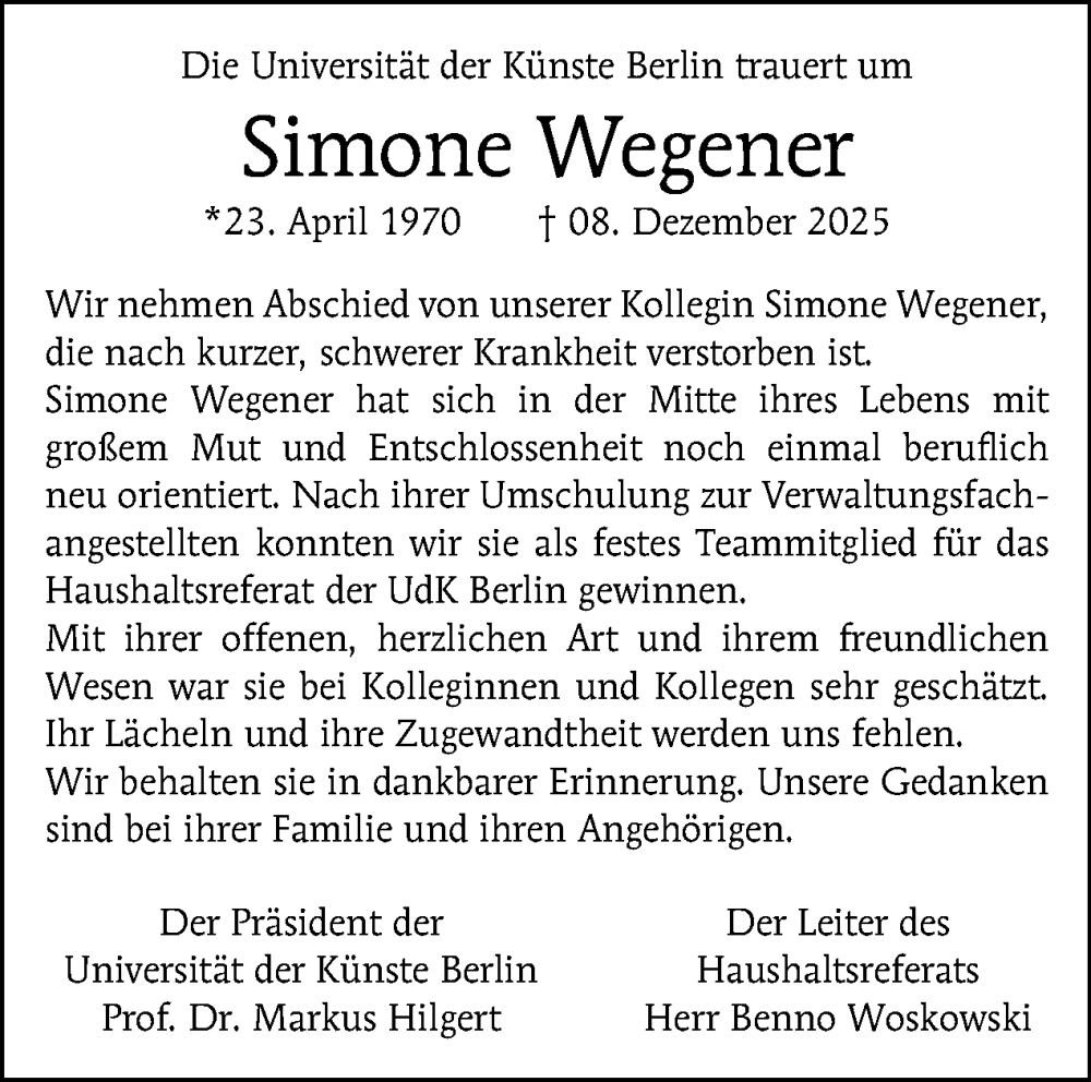  Traueranzeige für Simone Wegener vom 31.01.2026 aus Tagesspiegel
