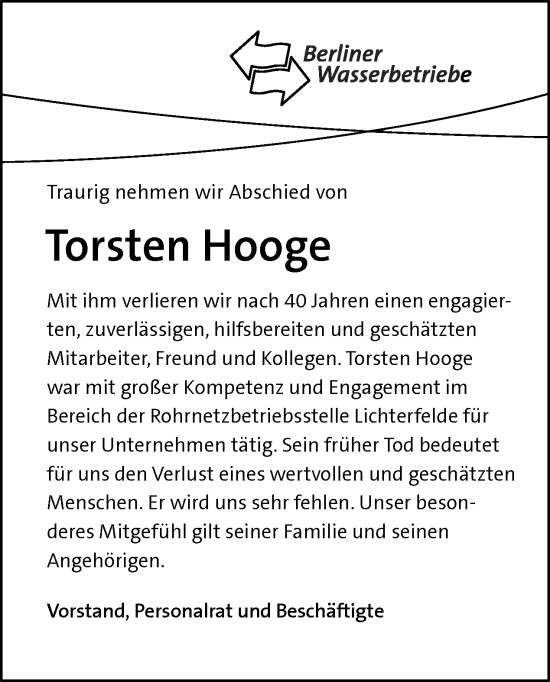 Traueranzeige von Torsten Hooge von Tagesspiegel