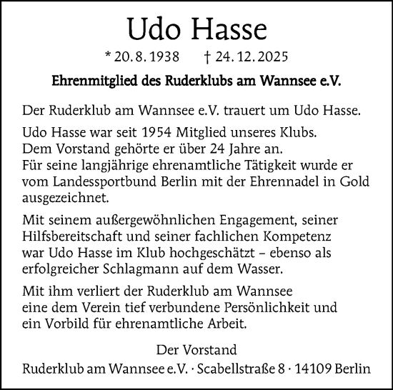 Traueranzeige von Udo Hasse von Tagesspiegel