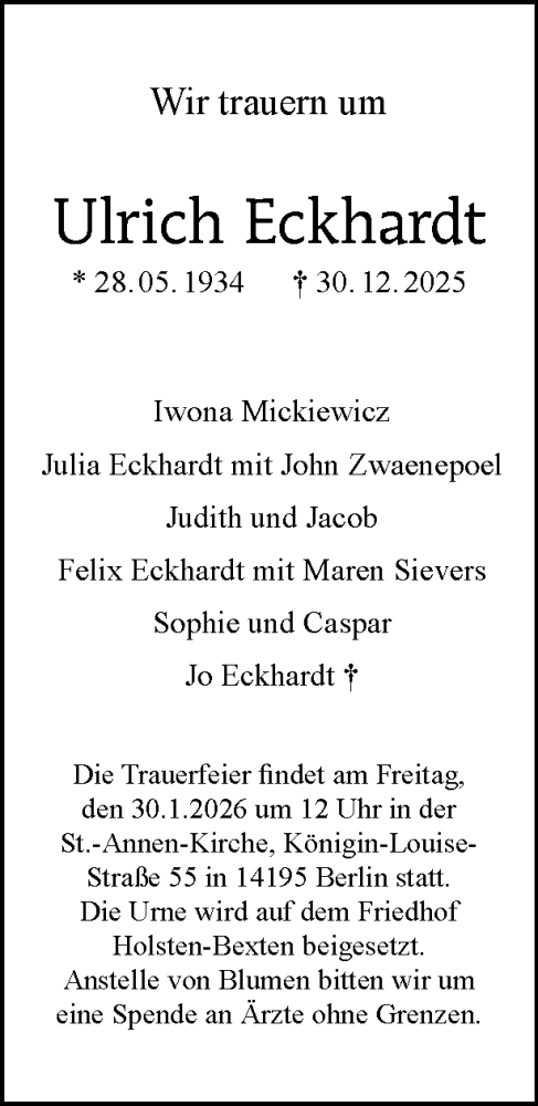 Traueranzeige von Ulrich Eckhardt von Tagesspiegel