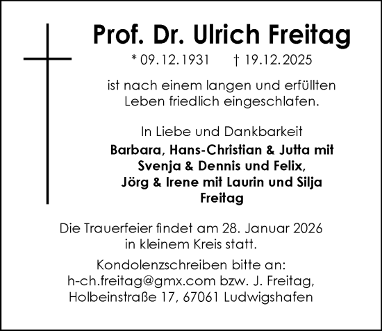 Traueranzeige von Ulrich Freitag von Tagesspiegel