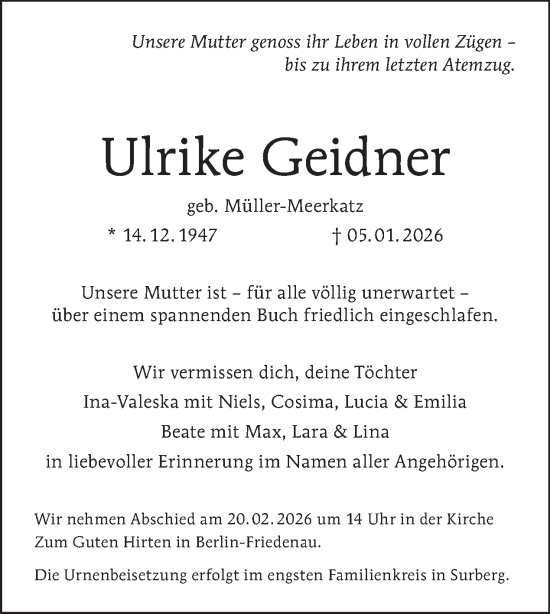 Traueranzeige von Ulrike Geidner von Tagesspiegel
