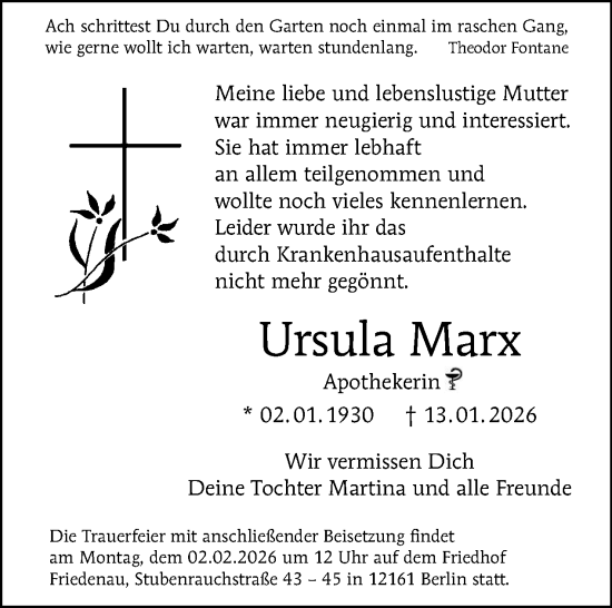 Traueranzeige von Ursula Marx von Tagesspiegel