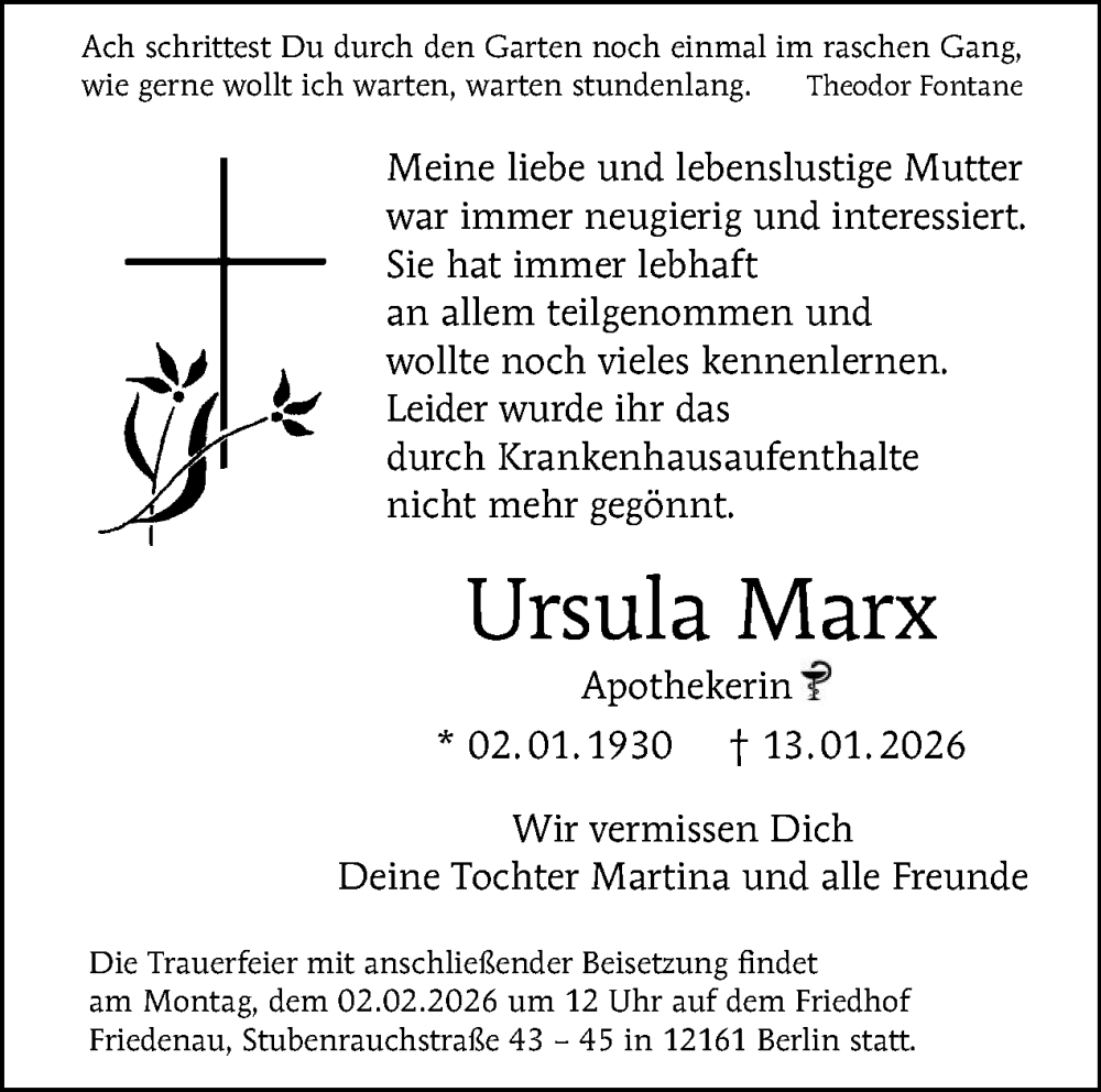  Traueranzeige für Ursula Marx vom 24.01.2026 aus Tagesspiegel